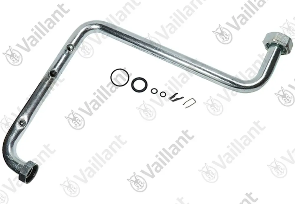 Metallrohr von Vaillant in gebogener Form mit zwei Gewinden und verschiedenen Dichtungen und Clips, geeignet für Heizungs- oder Sanitärinstallationen.